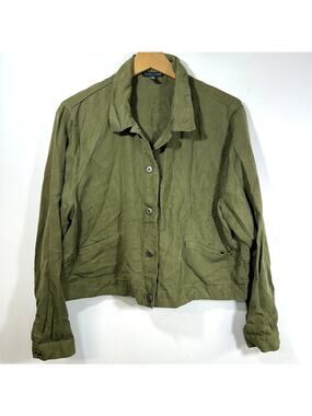 Eileen Fisher Crop Overshirt Womens M Olive Linen Blend Oversized Boxy City Chic